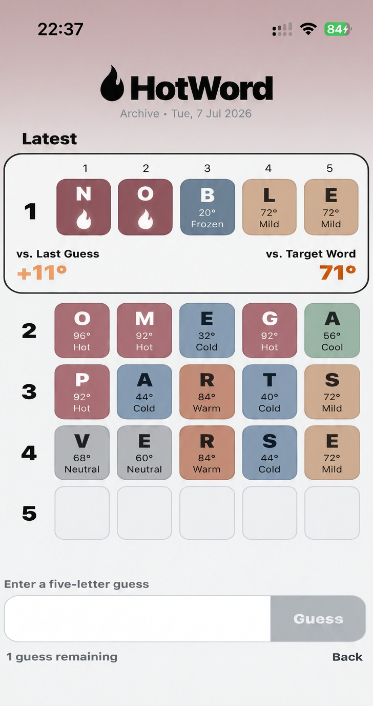 HotWord Puzzle archive screen showing letter temperature clues