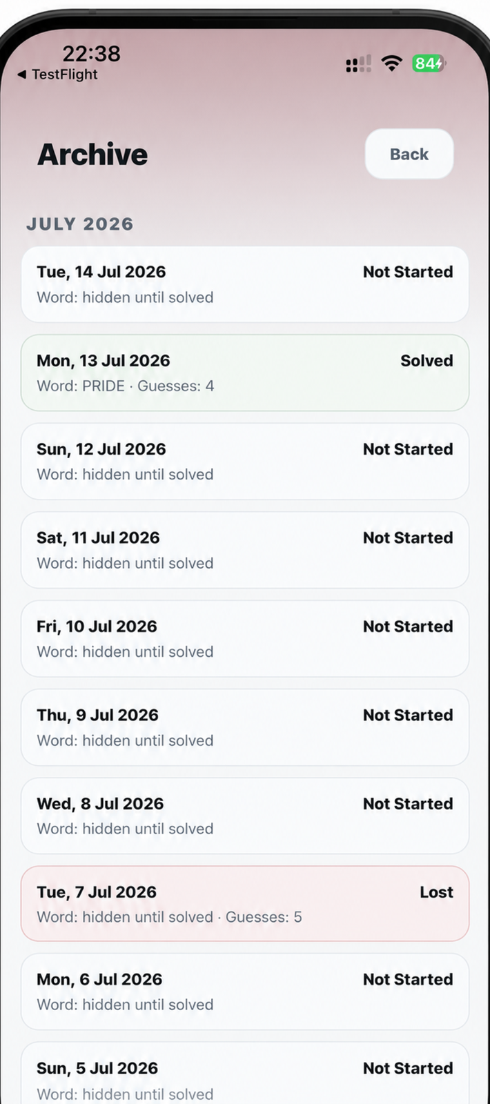 Puzzle archive listing past days