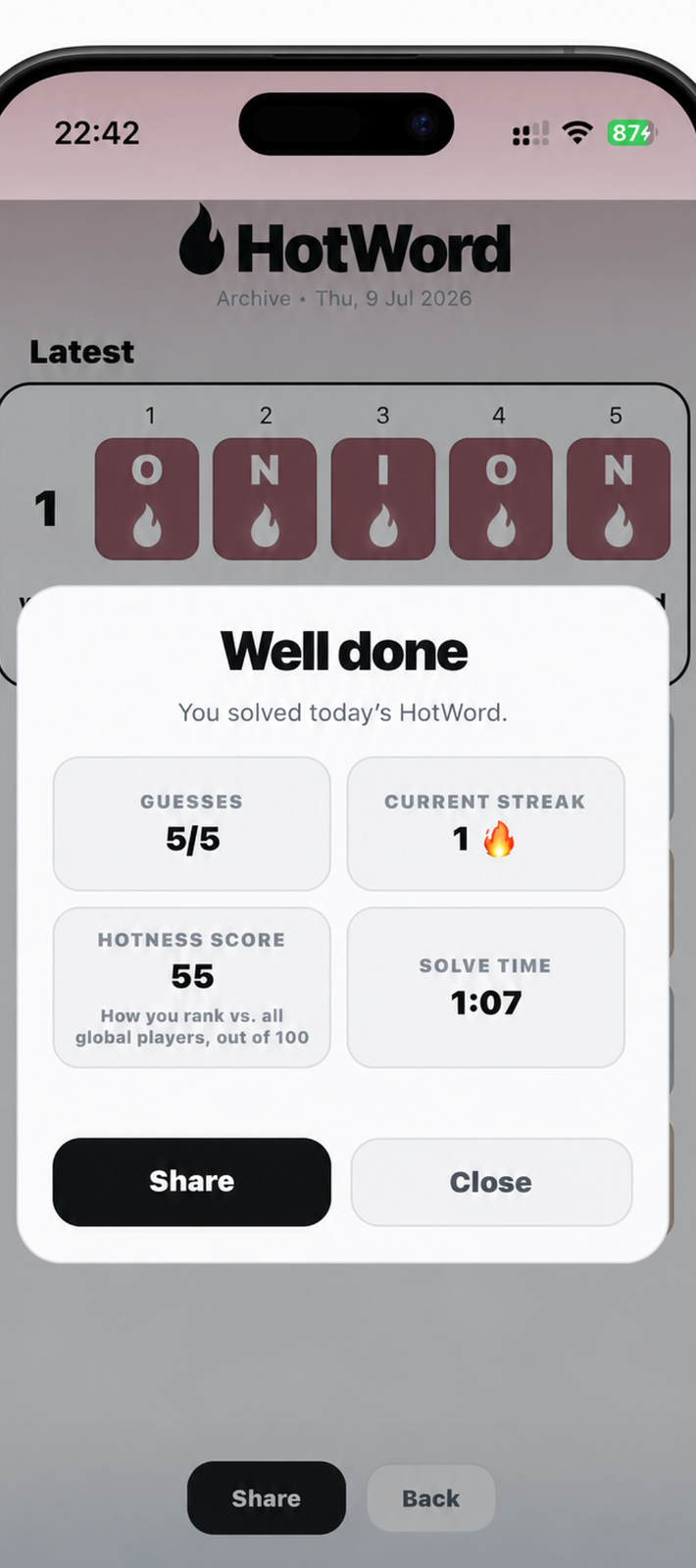 Completion screen with guesses, streak, hotness score and solve time