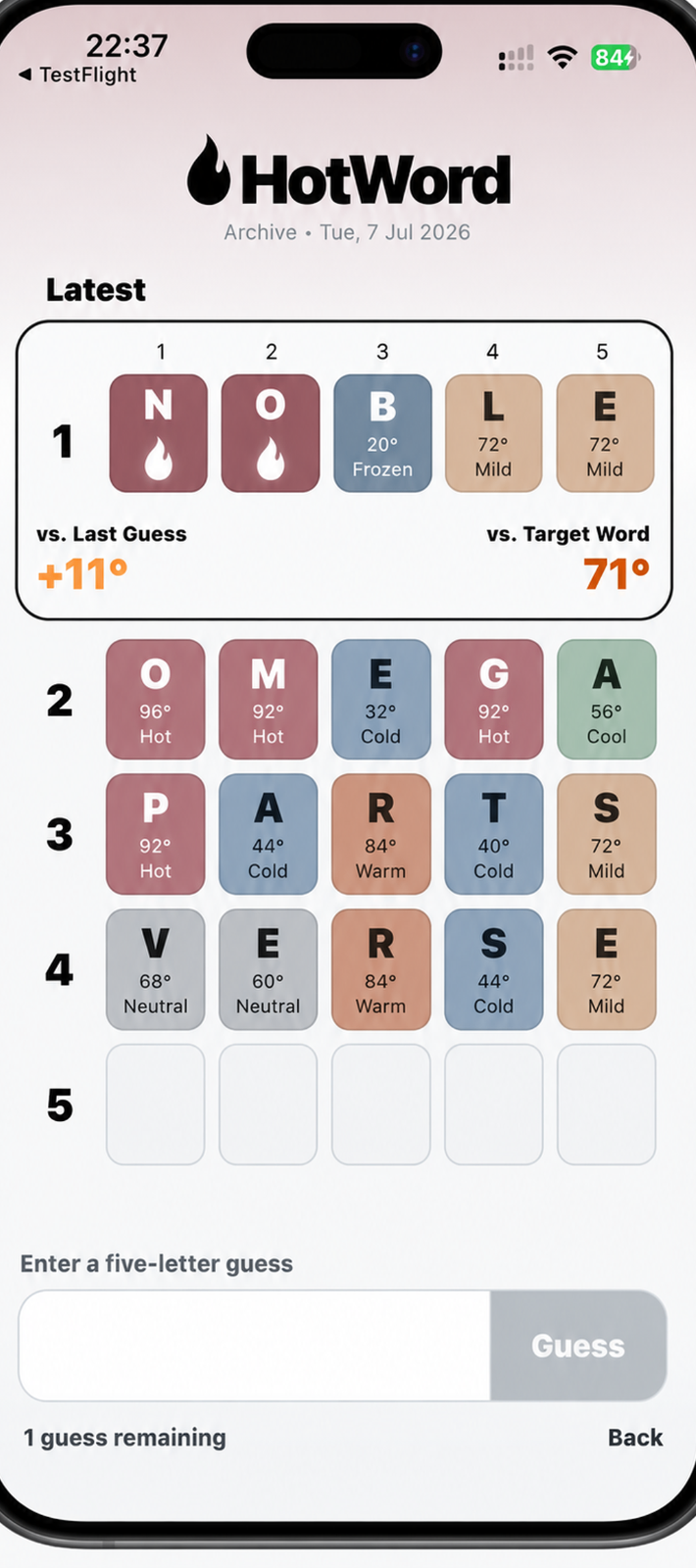 Gameplay screen showing letter temperatures